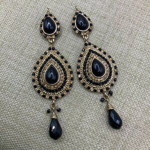 Bohemian Teardrop Dangling Beaded Black Gold Tone Rhinestone Earrings